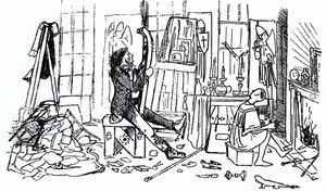Edward Burne-Jones bei der Arbeit in seinem Studio am Red Lion Square 17, London, ca. 1857